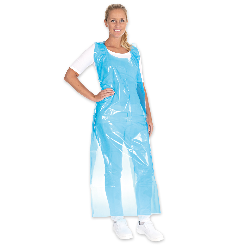 Disposable aprons approx. 60 my made of LDPE, in front view in blue