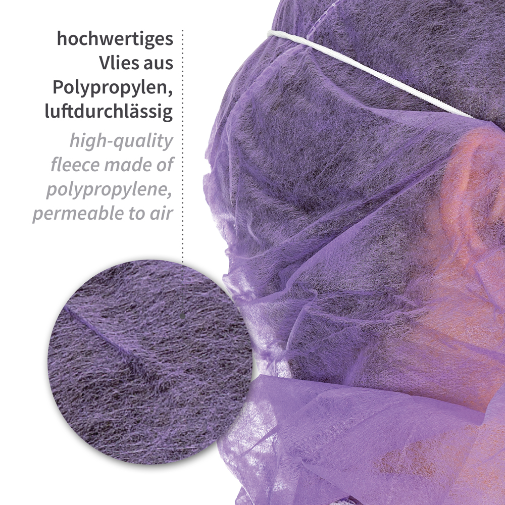 Astrohauben mit 2-lagigem Mundschutz aus PP in lila mit Materialeigenschaften