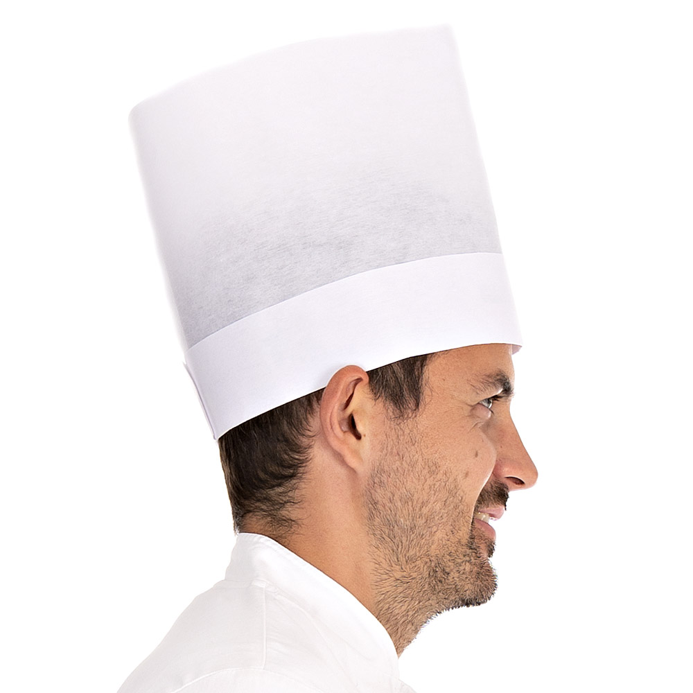 Europa chef's hat Extra made of viscose exposed in white without pleat shading in the side view