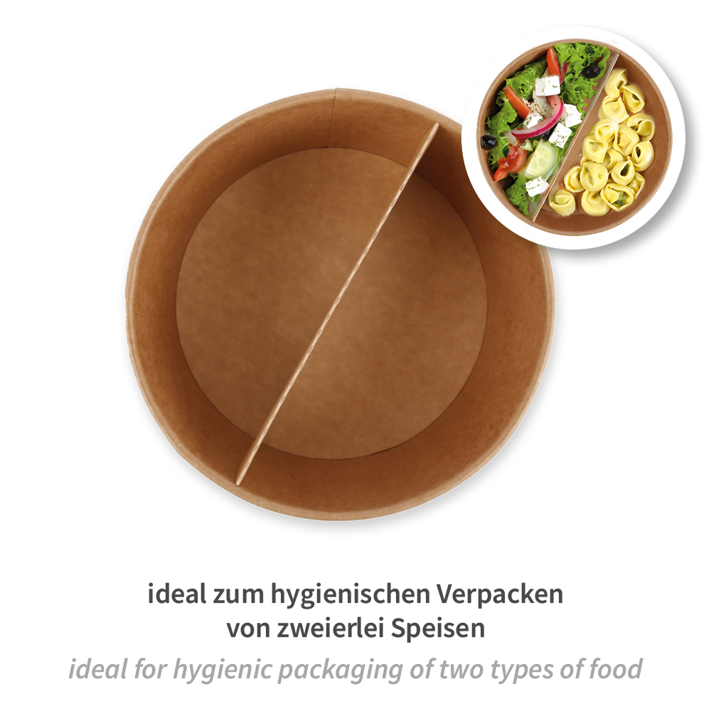 Bio Trenneinsätze für Salatschalen 1000 ml, Ø 150 mm | Kraftpapier/PE, FSC®-Mi, schräg oben x Bio Trenneinsätze für Salatschalen 1000 ml, Ø 150 mm | Kraftpapier/PE, FSC®-Mix von schräg oben
