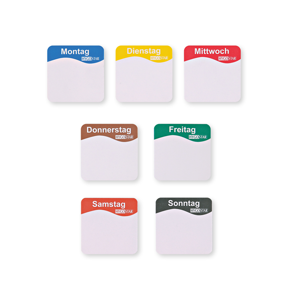 Day labels "Mittwoch", size: 25 x 25mm, variants