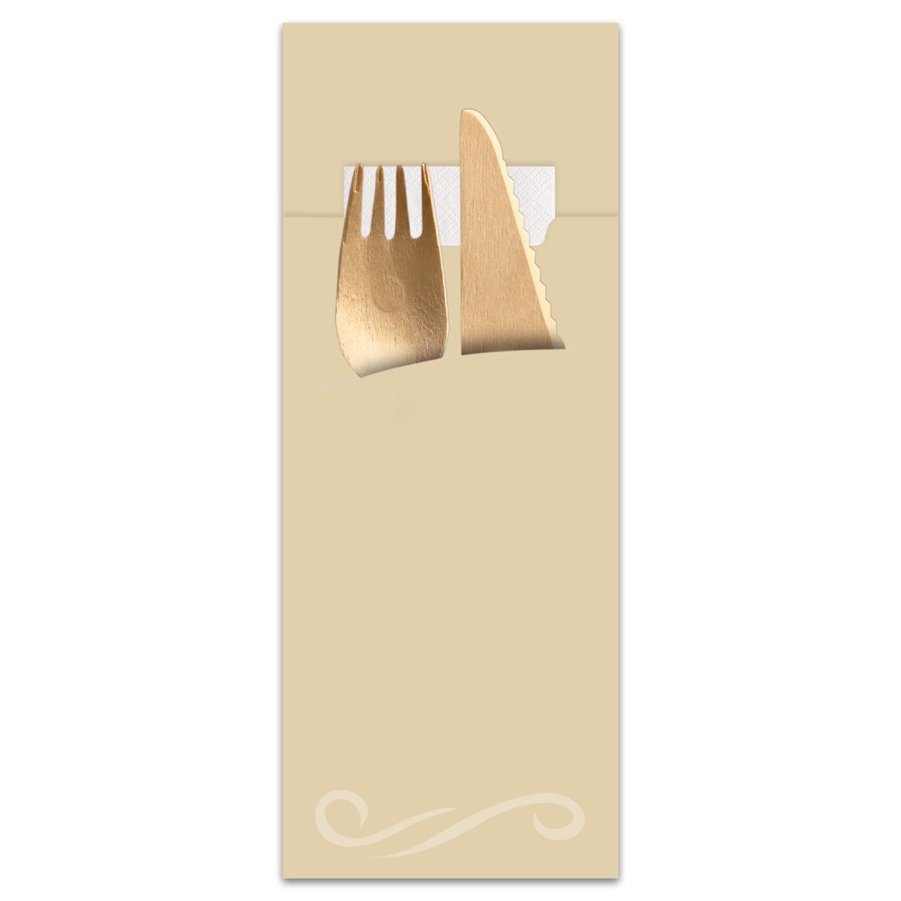 Cutlery Pouches "Classic" made of Paper, FSC®-certified in cream with cutlery and napkin in white