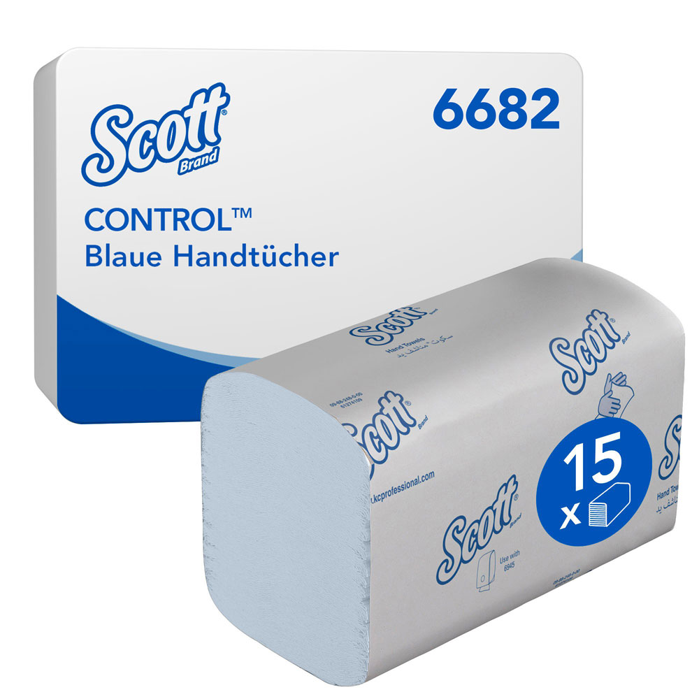 Scott® Control™ blaue Falthandtücher, 1-lagig, Interfold, FSC®-Mix mit der Verpackung
