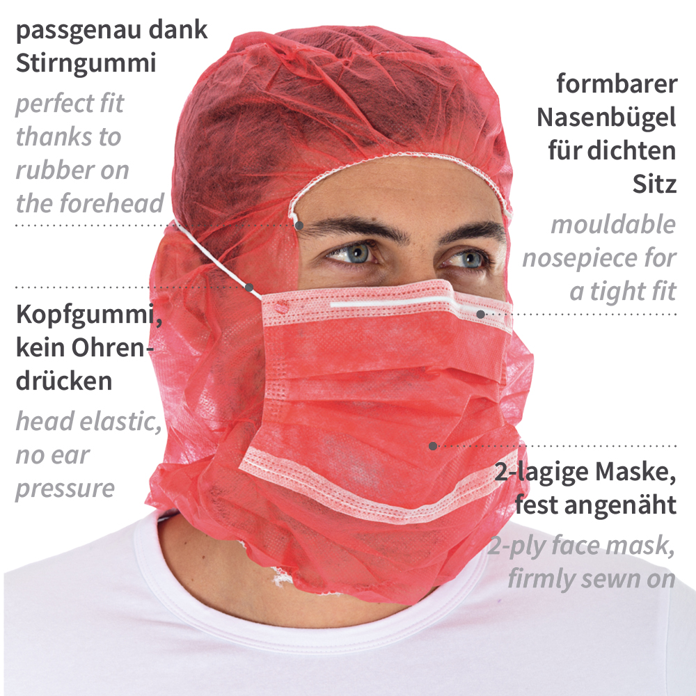 Astro caps with 2-ply face mask made of PP in red with properties