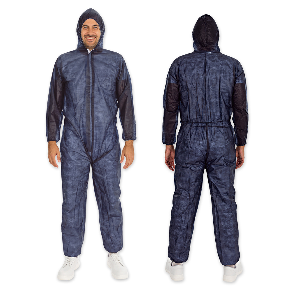 Coveralls Light with hood made of PP, front and back view, darkblue