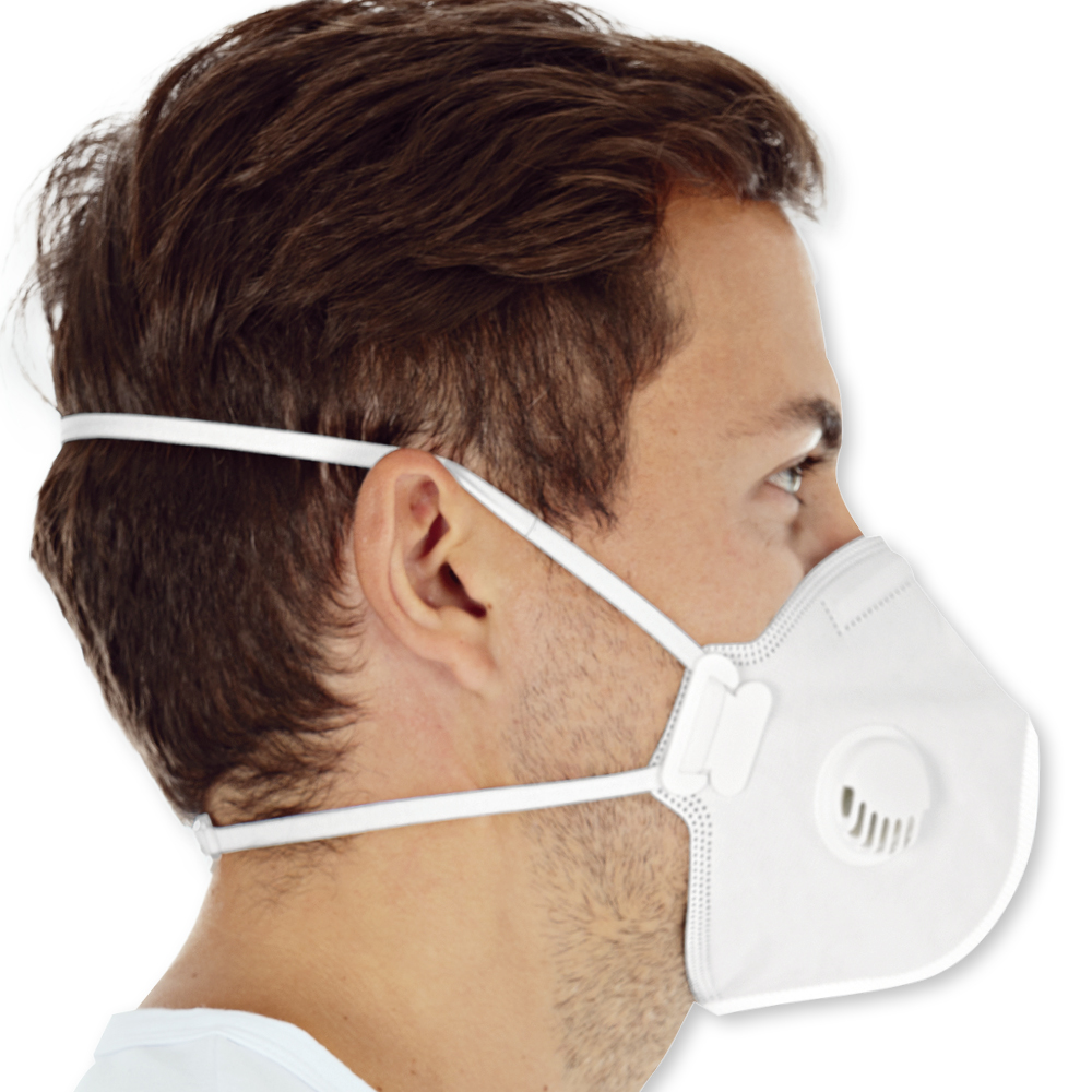 Atemschutzmasken FFP3 NR mit Ventil, vertikal faltbar aus PP in der Seitenansicht