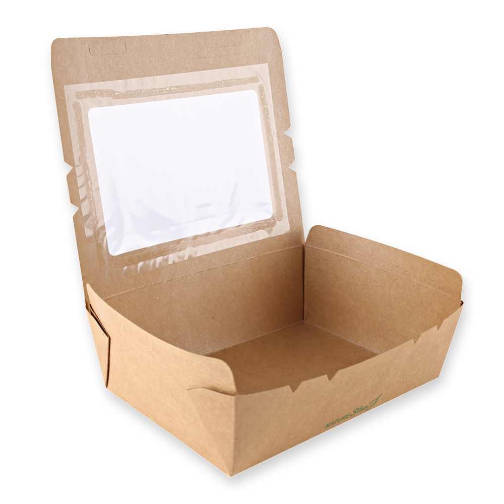 Foodbox "Menu" with PLA window made of kraft paper with open lid