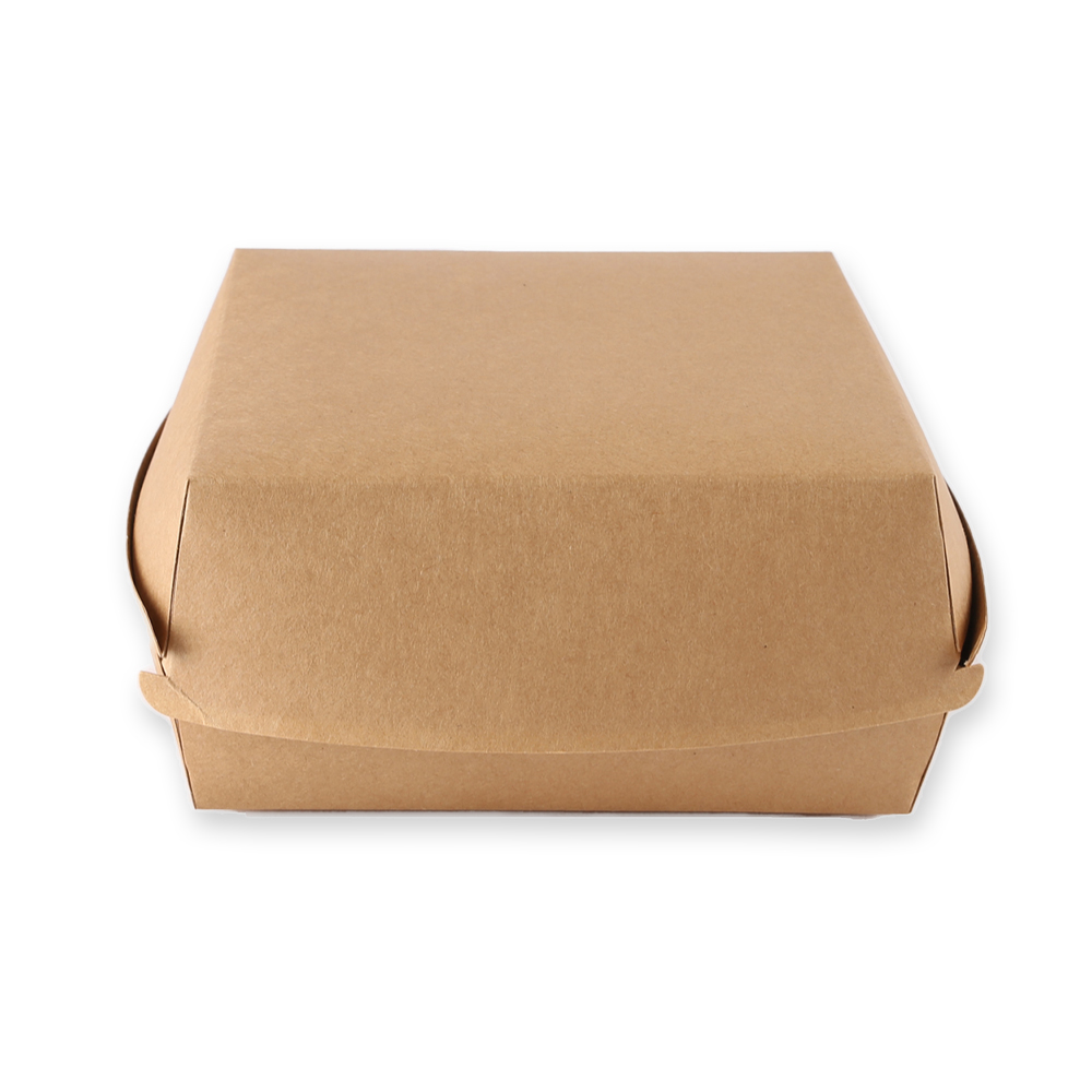 Hamburger box made of kraft paper, front view