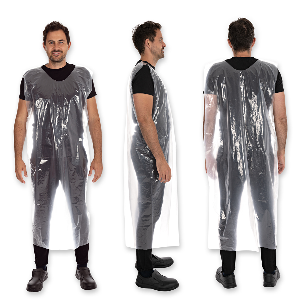Full body aprons approx. 30 my LDPE in the all around view in transparent