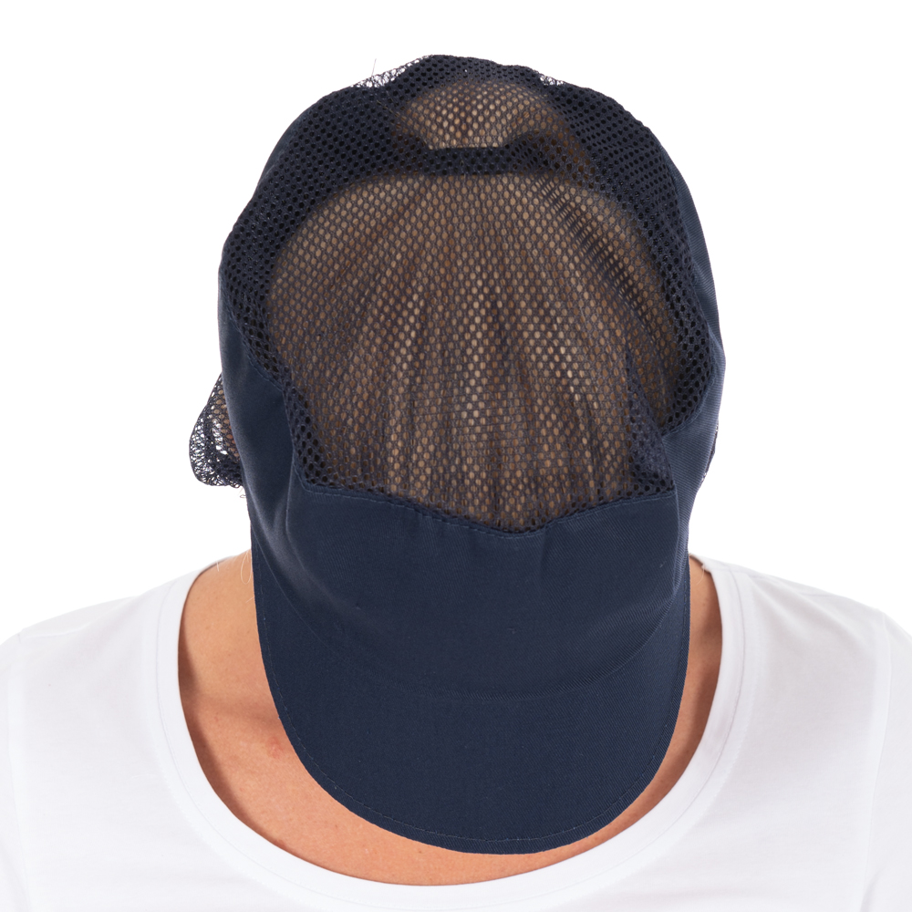 Peaked snood caps made of Polycotton in dark blue in the top view