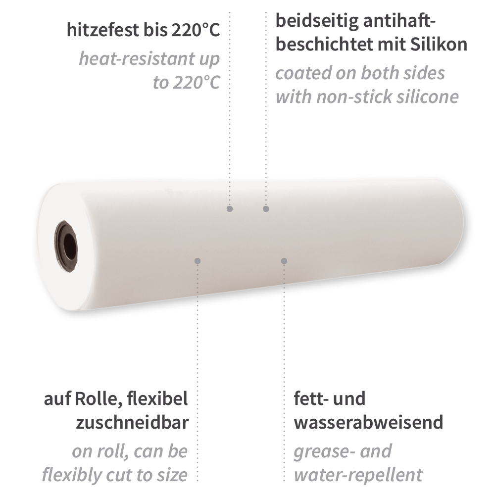 Backpapier Light, Rolle | Silikon-Beschichtung, Eigenschaften Backpapier Light auf der Rolle mit Silikon-Beschichtung mit den Eigenschaften
