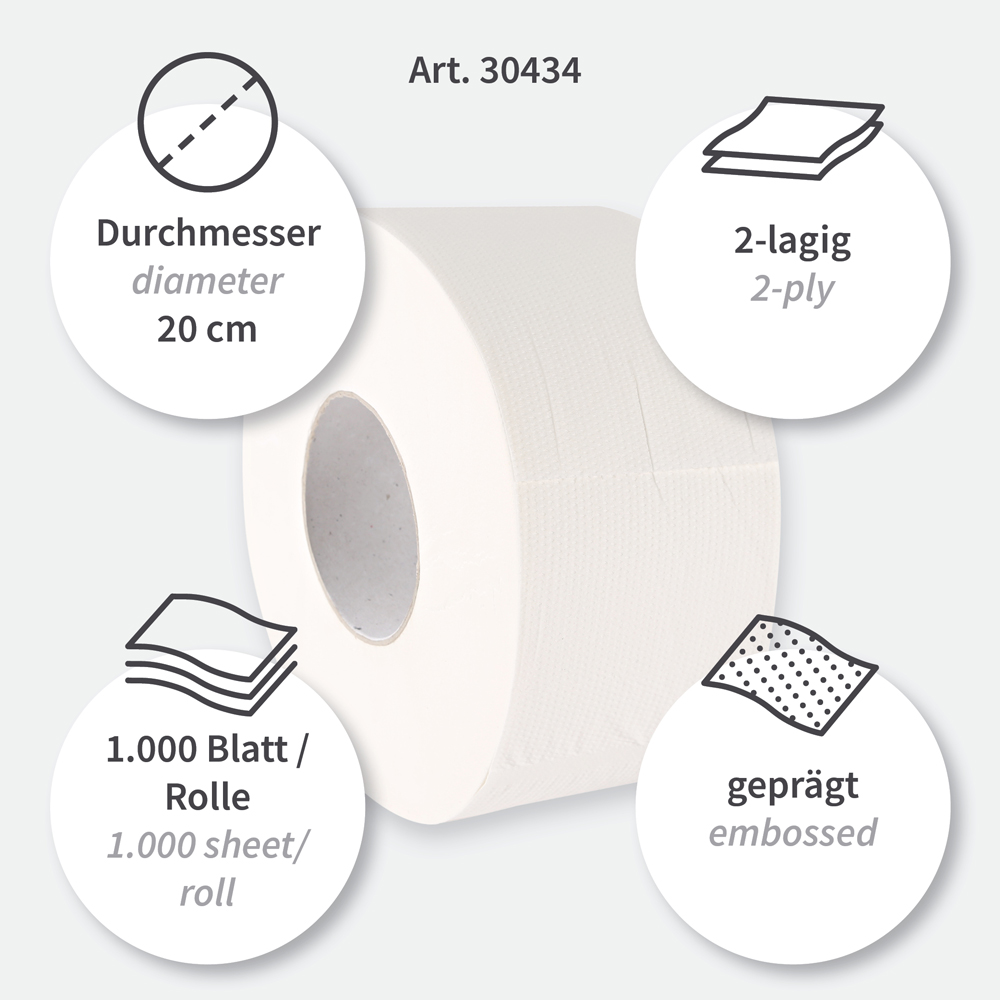 Toilet paper, Jumbo, 2-ply made of cellulose, features
