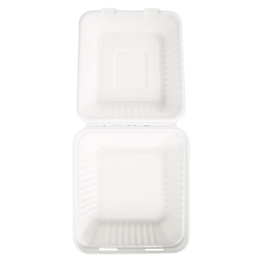 Organic menu boxes with hinged lid made of bagasse, 22 cm long and open