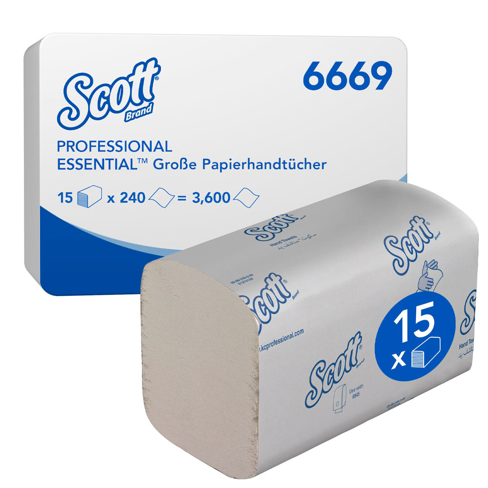 Scott® Essential™ große Falthandtücher, 1-lagig, Interfold, FSC®-Mix mit der Verpackung