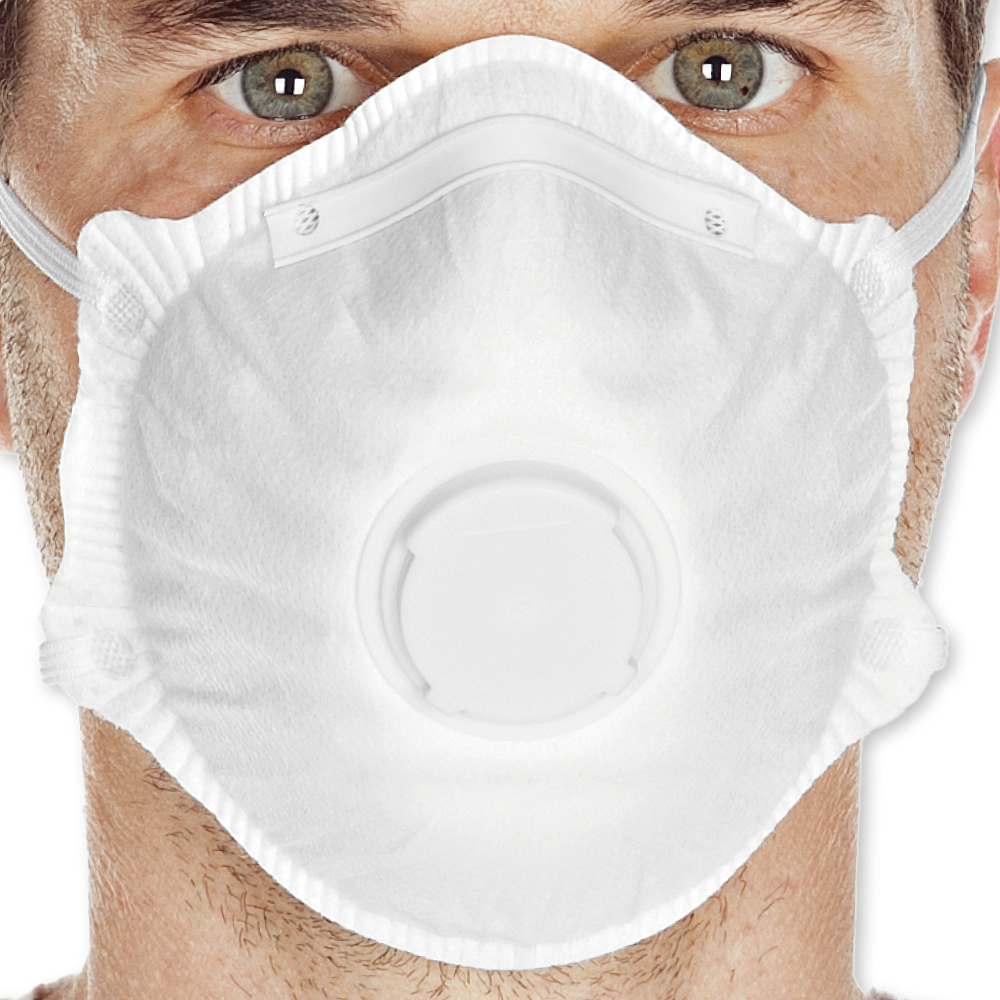 Respirators FFP1 NR with valve, cup-shaped made of PP, in white, close view