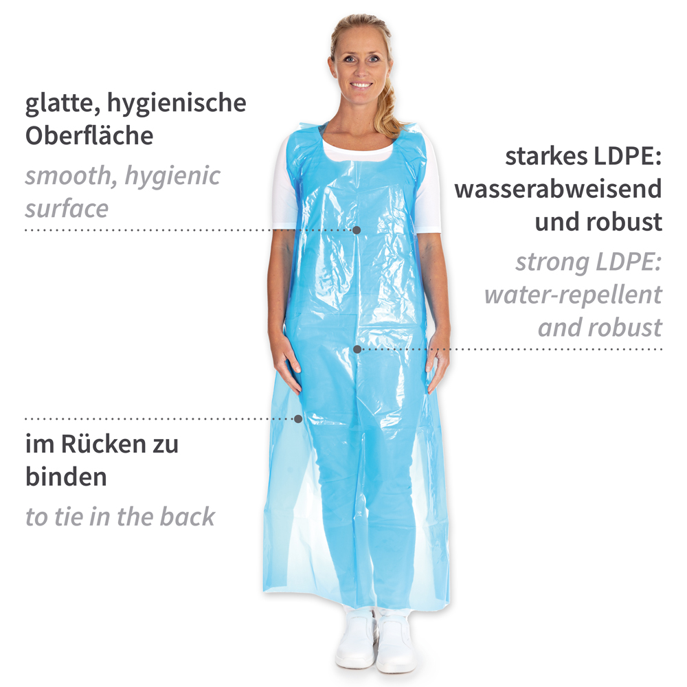Disposable aprons approx. 60 my from LDPE in the front view with description in blue