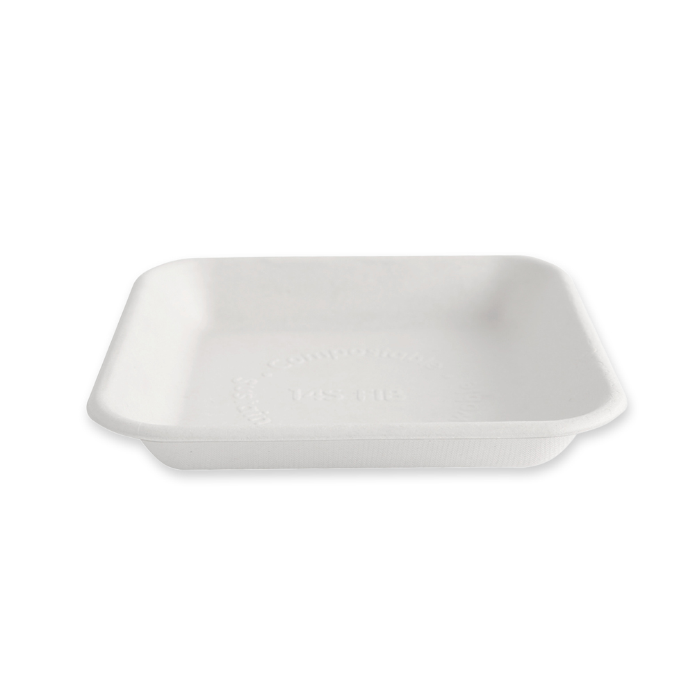 Organic foodtrays, rectangular made of bagasse in white with side view