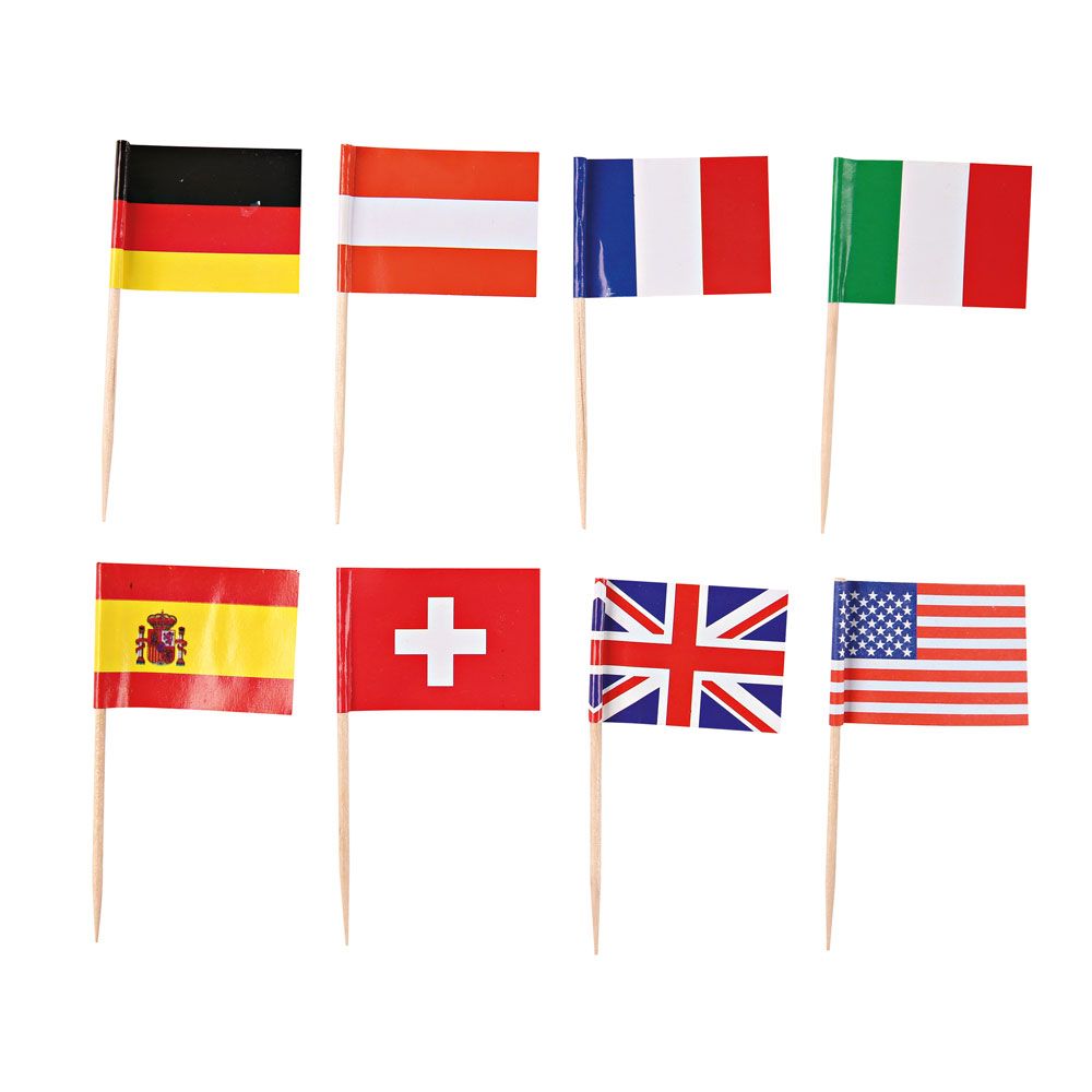 Flag picks made of birch wood with different countries