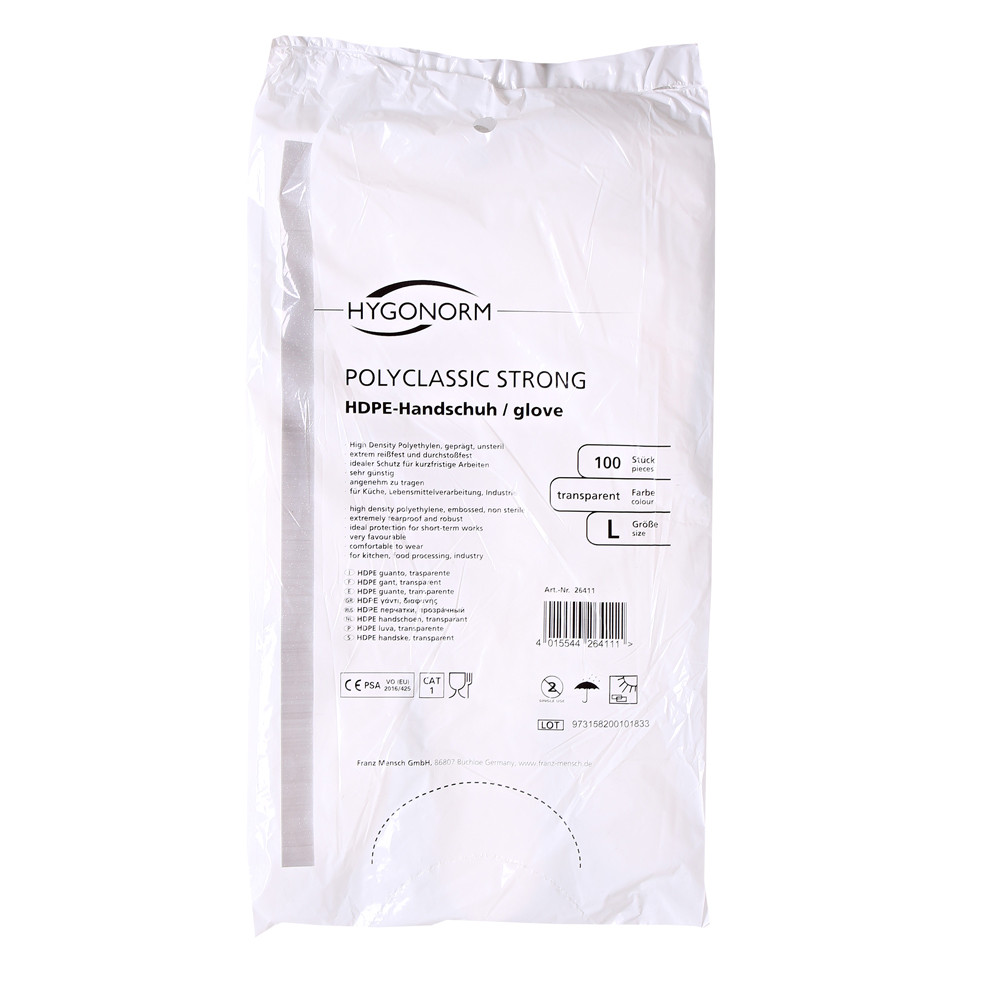 HDPE gloves Polyclassic Strong blocked in transparent in the bag