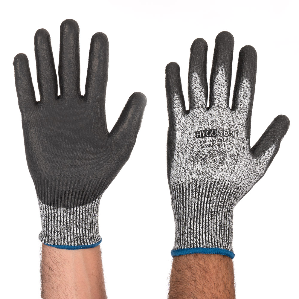 Cut protection gloves Cut Safe with PU Coating in grey-black with front side and back side