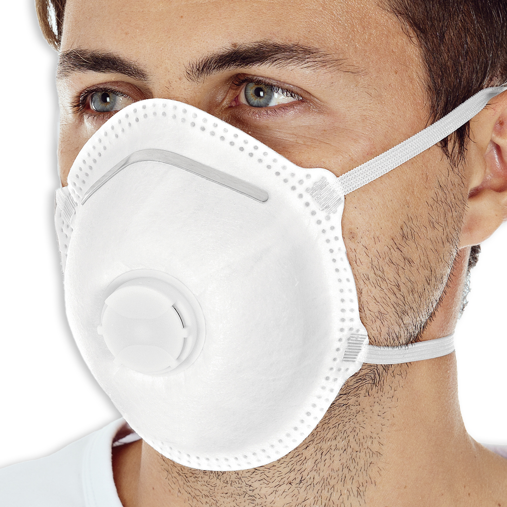 Atemschutzmasken FFP2 NR mit Ventil vorgeformt aus PP in der schrägen Ansicht