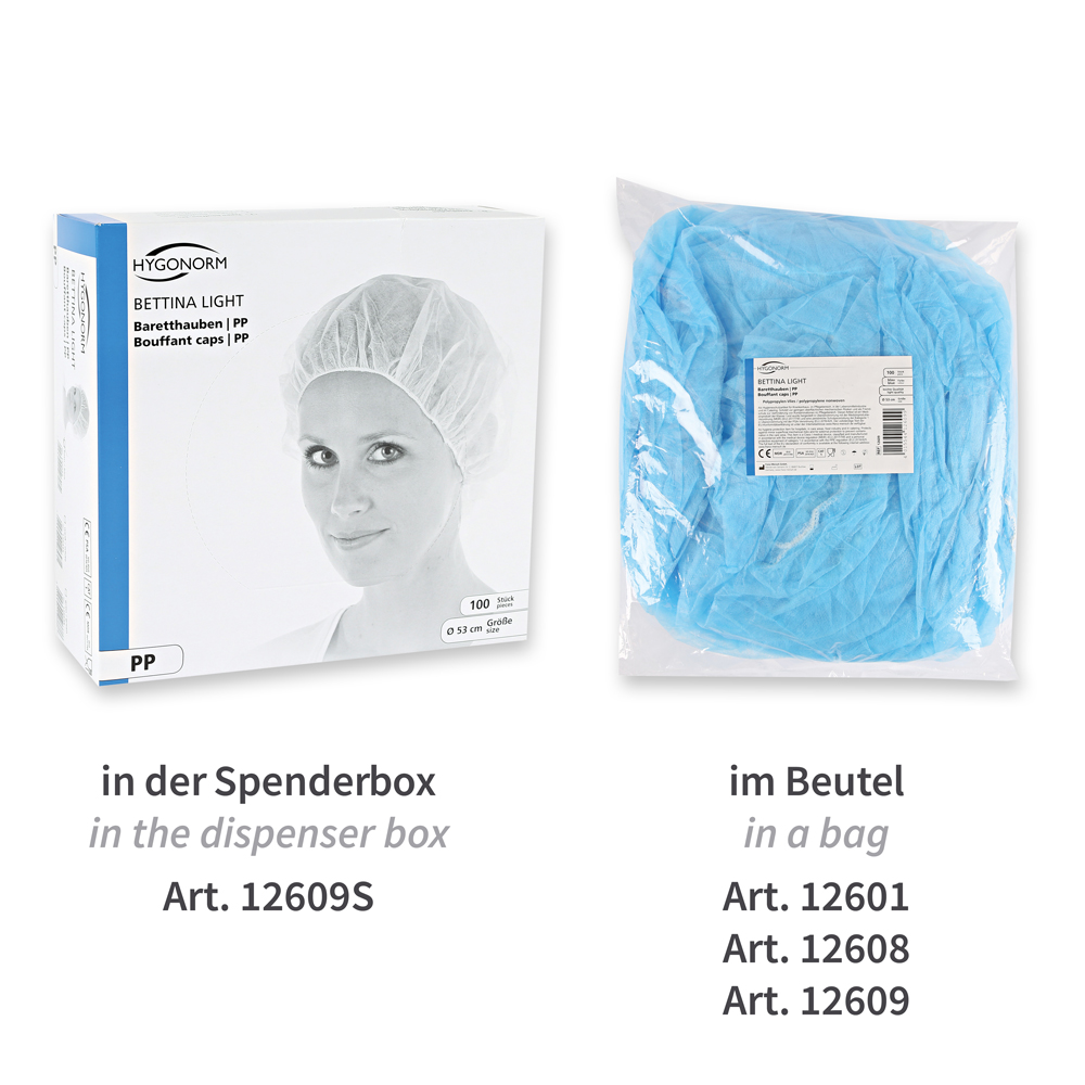 Bettina Light beret hoods made of PP as packaging example in color blue