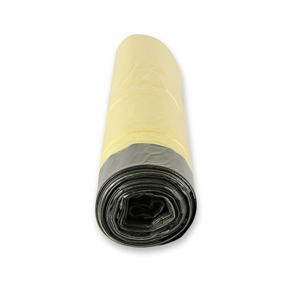 Garbage bags with drawstring, 60l made of HDPE on roll in yellow-black in the side view