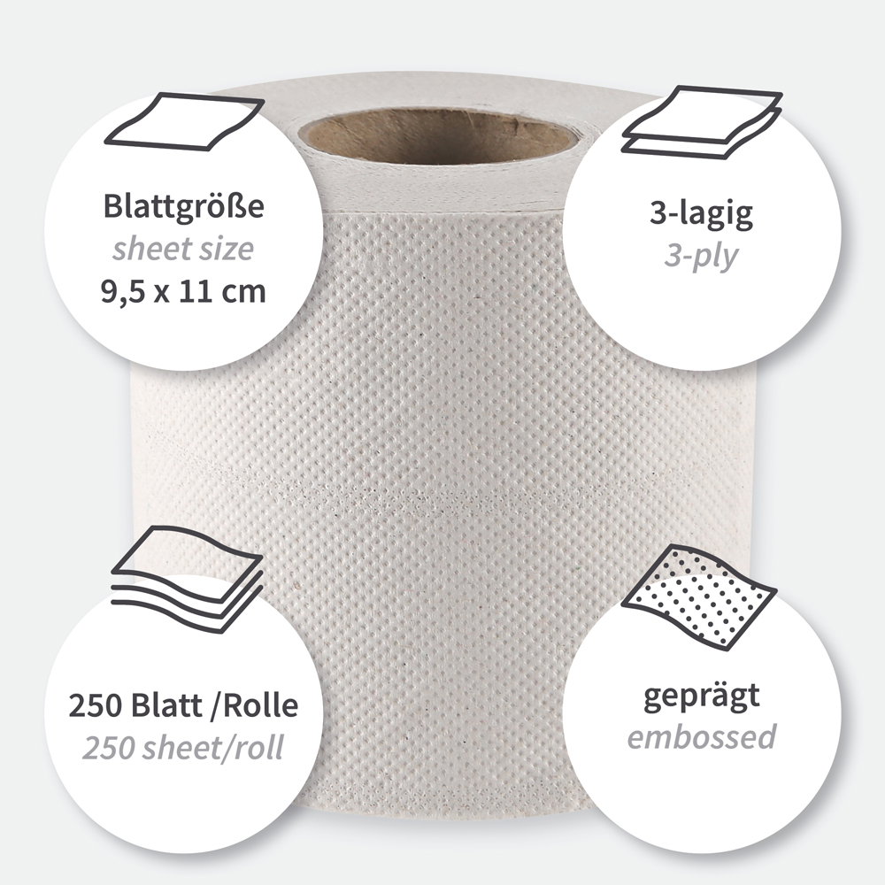 Toilet paper, small roll, 3-ply made of recycled paper, features