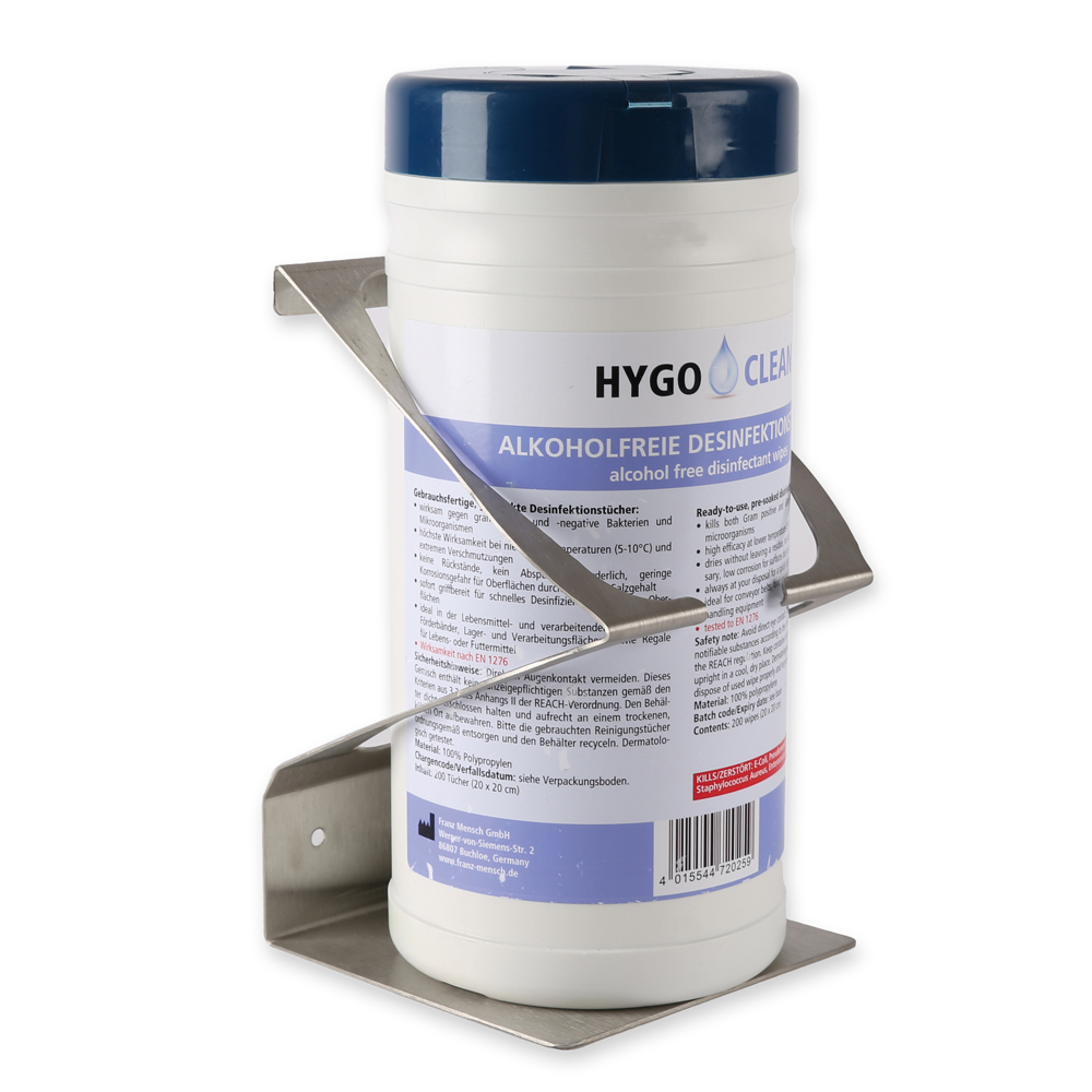 Wall holder for disinfectant wipes dispensers made of stainless steel in the oblique view with dispenser