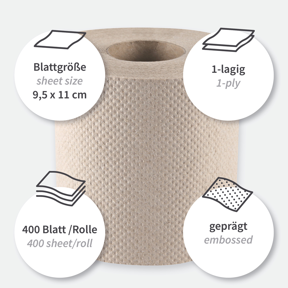 Toilet paper, small roll, 1-ply made of recycled paper, features