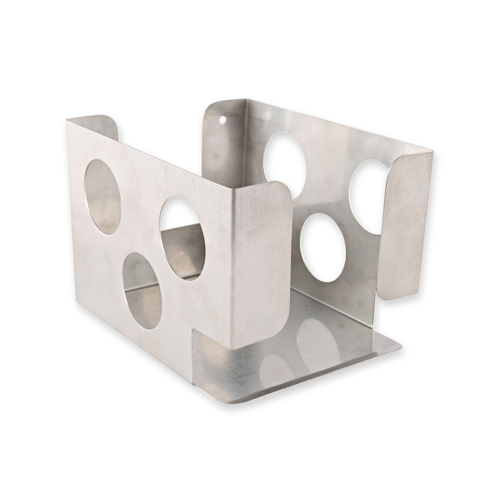 Wall holder for canisters made of stainless steel, angled view