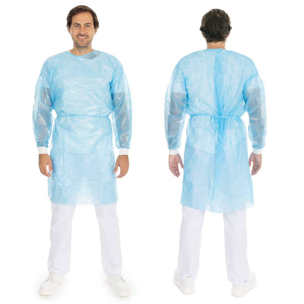 Gowns Light with velcro made of PP, PE partly laminated in blue in the front and back view