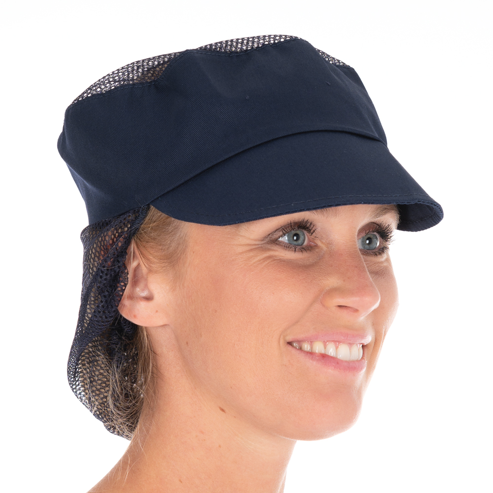 Peaked snood caps made of Polycotton in dark blue in the oblique view
