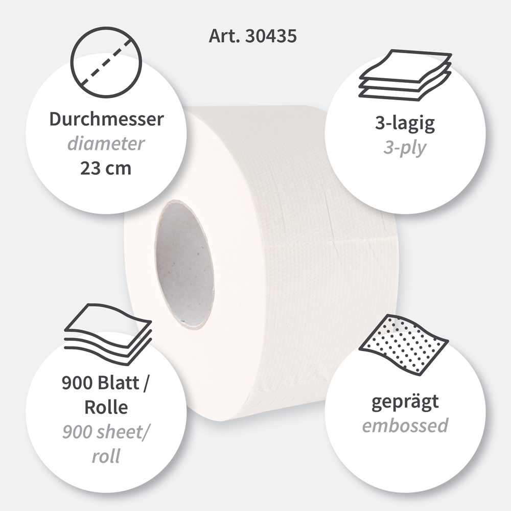 Toilettenpapier, Jumbo, 3-lagig aus Zellulose mit Eigenschaften