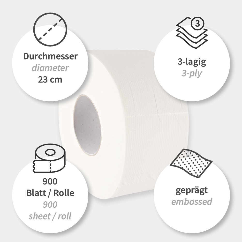 Toilettenpapier, Jumbo, 3-lagig aus Zellulose mit Eigenschaften
