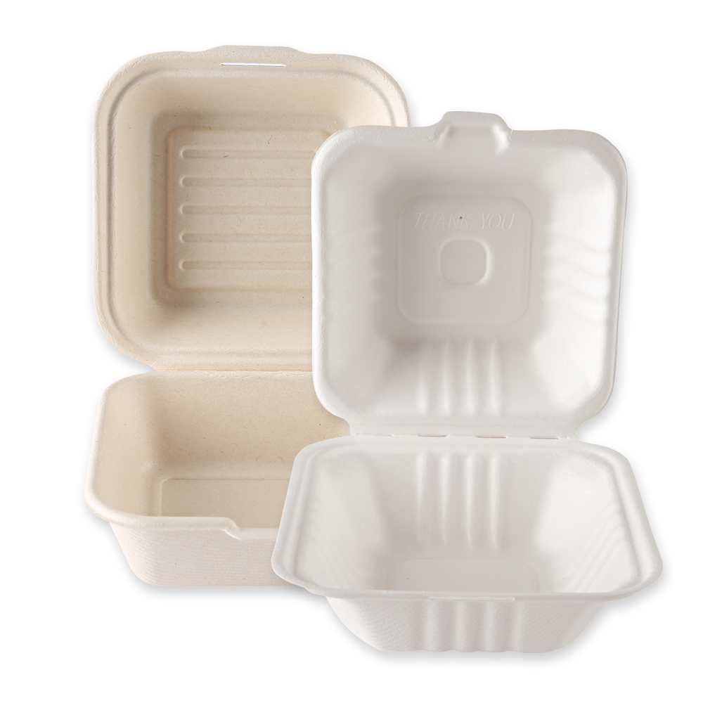 Organic hamburger boxes with hinged lid made of bagasse in category picture