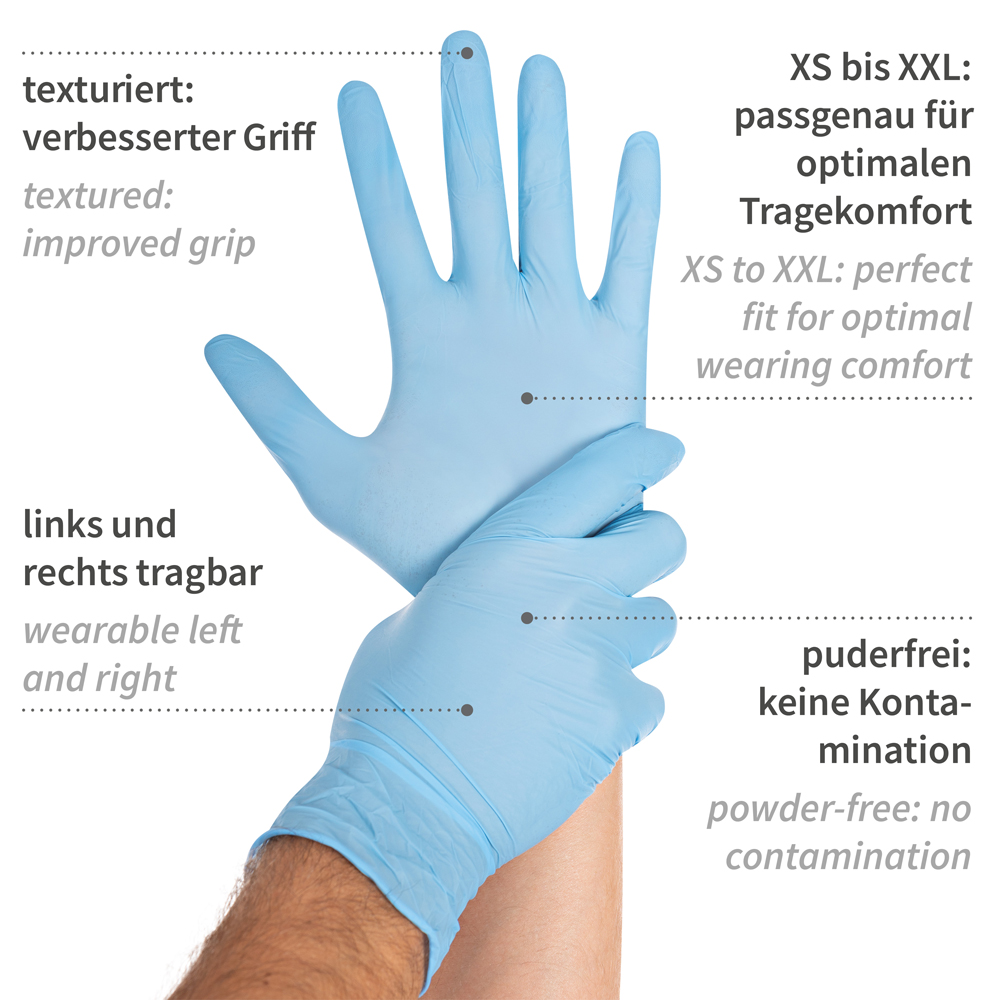 Nitrile gloves Safe Light powder-free in blue with explanation