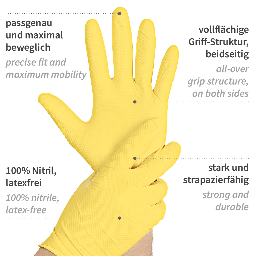 Nitrile gloves Power Grip, powder-free in yellow with explanation