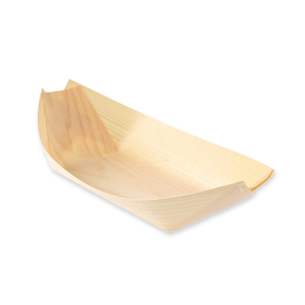 Biodegradable food boat made of pine wood, angled view