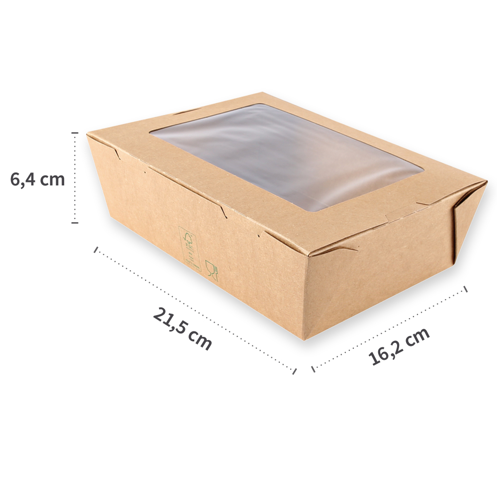 Food boxes Menu with window made of kraft paper/PE, FSC®-mix, measurements displayed
