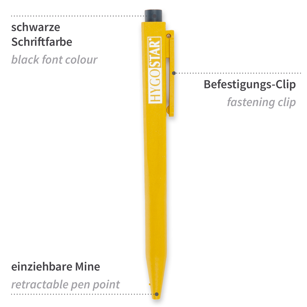 pen clip, retractable plastic, detectable in front view with description, yellow