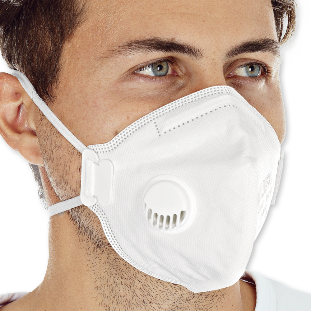 Atemschutzmasken FFP3 NR mit Ventil, vertikal faltbar aus PP in der schrägen Ansicht