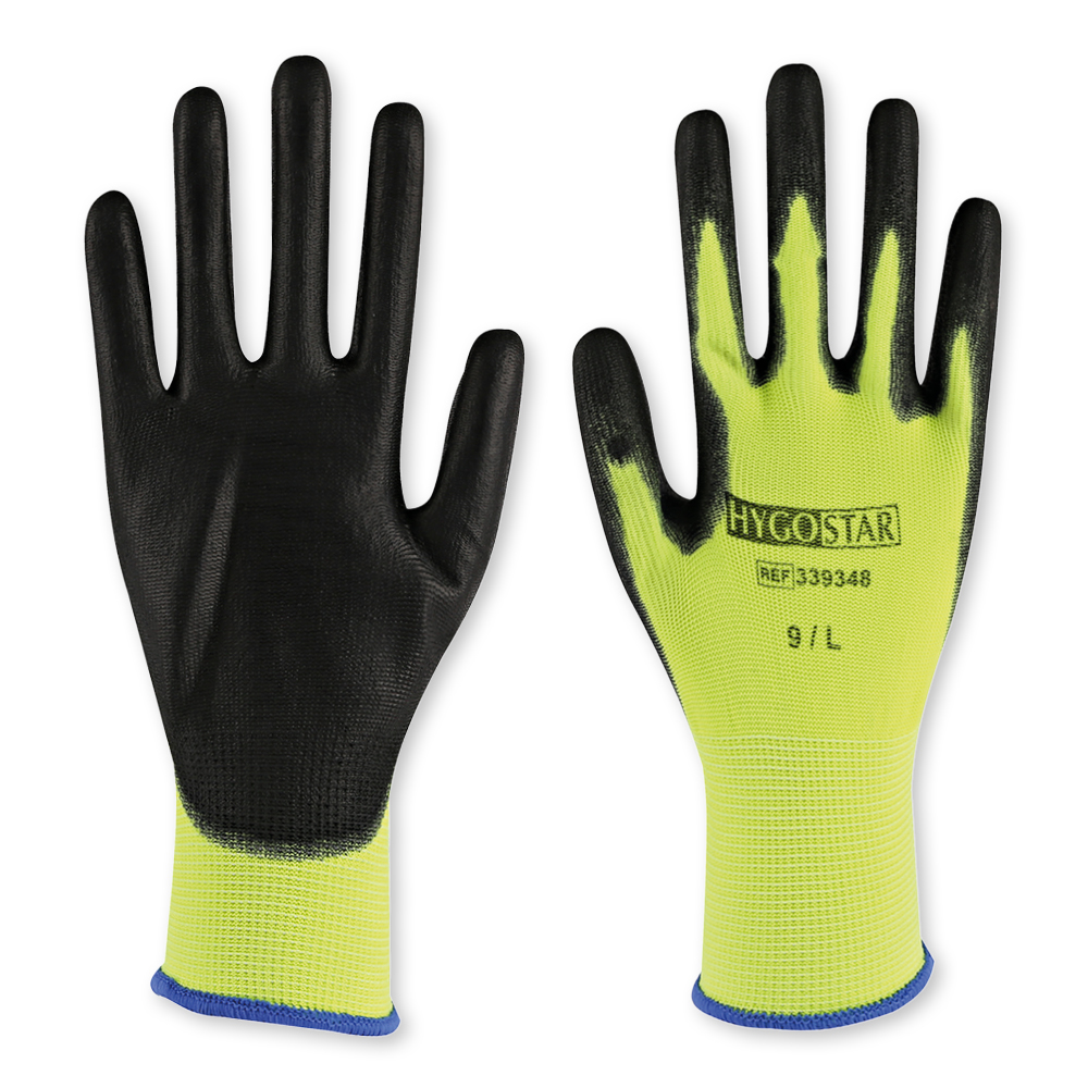 Fine knit gloves Neon Ace with PU coating, front and back view