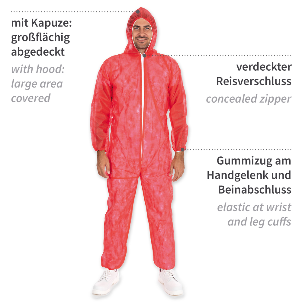 Coveralls Light with hood made of PP with properties, red