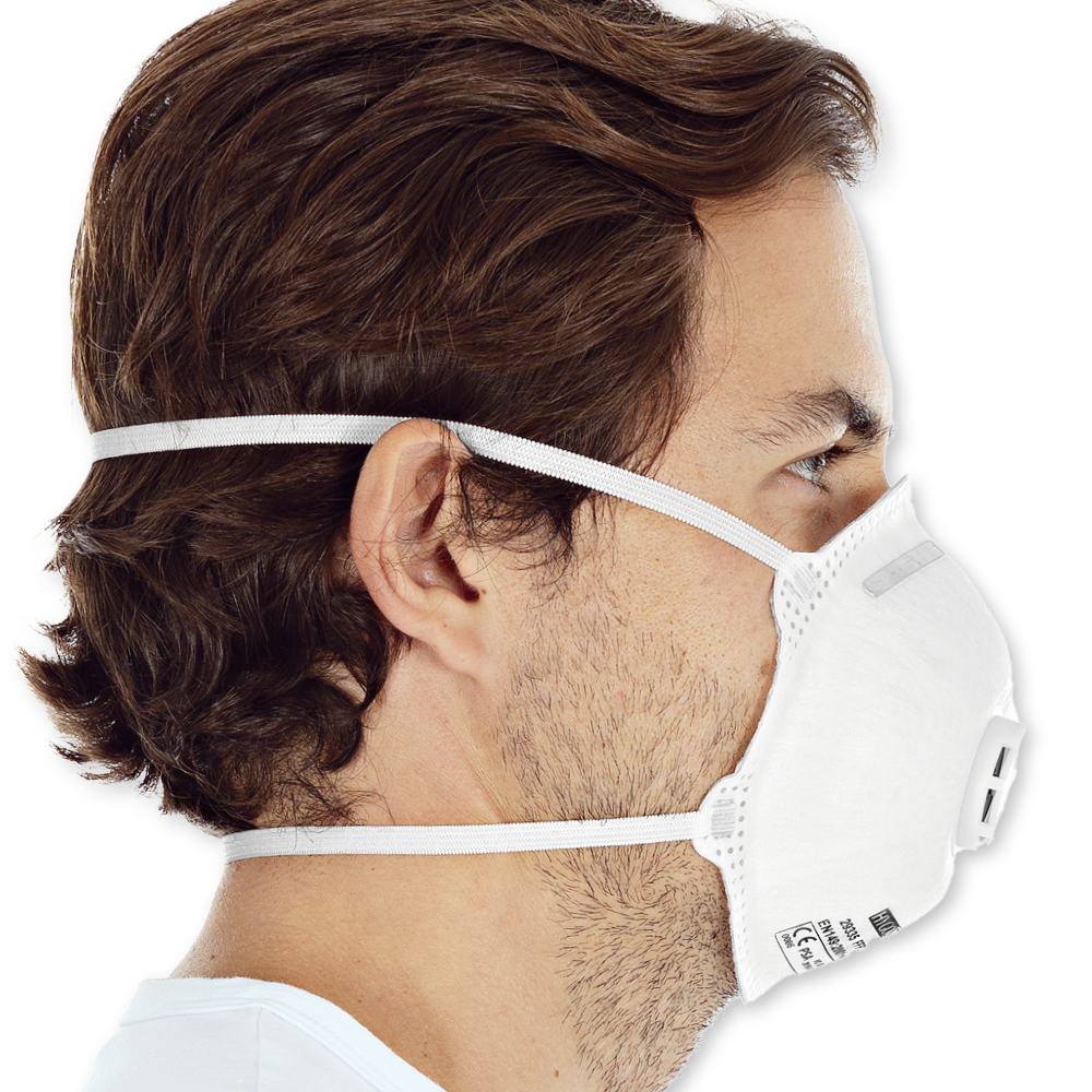 Respirators FFP2 NR D with valve, cup-shaped made of PP in the side view 