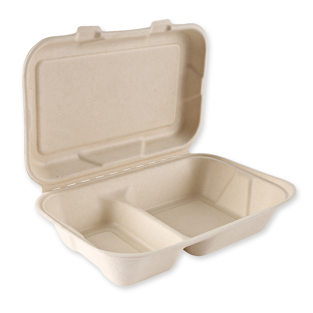 Organic menu boxes with hinged lid, 2-compartments made of bagasse, in the angled view