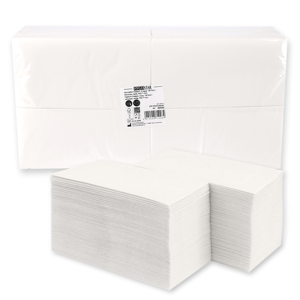 Servietten Classic, 33 x 33 cm, 2-lagig, 1/8 Falz, Zellulose, FSC®-Mix