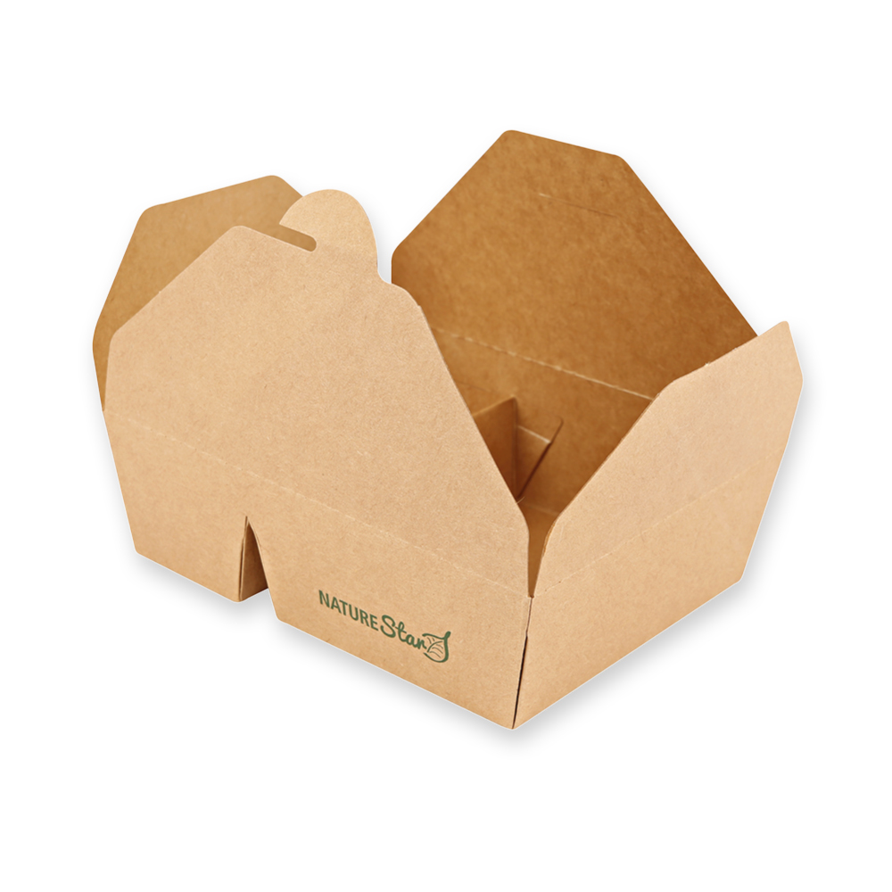 Bio Foodboxen Menu, 2-geteilt | Kraftpapier/PE, FSC®-Mix, Schrägansicht, offener Deckel Bio Foodboxen Menu, 2-geteilt aus Kraftpapier/PE, FSC®-Mix in der Schrägansicht mit offenem Deckel