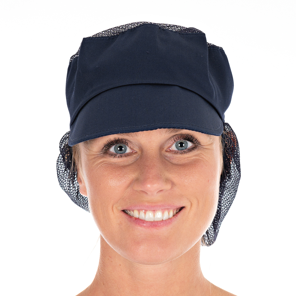 Peaked snood caps made of Polycotton in dark blue in the front view