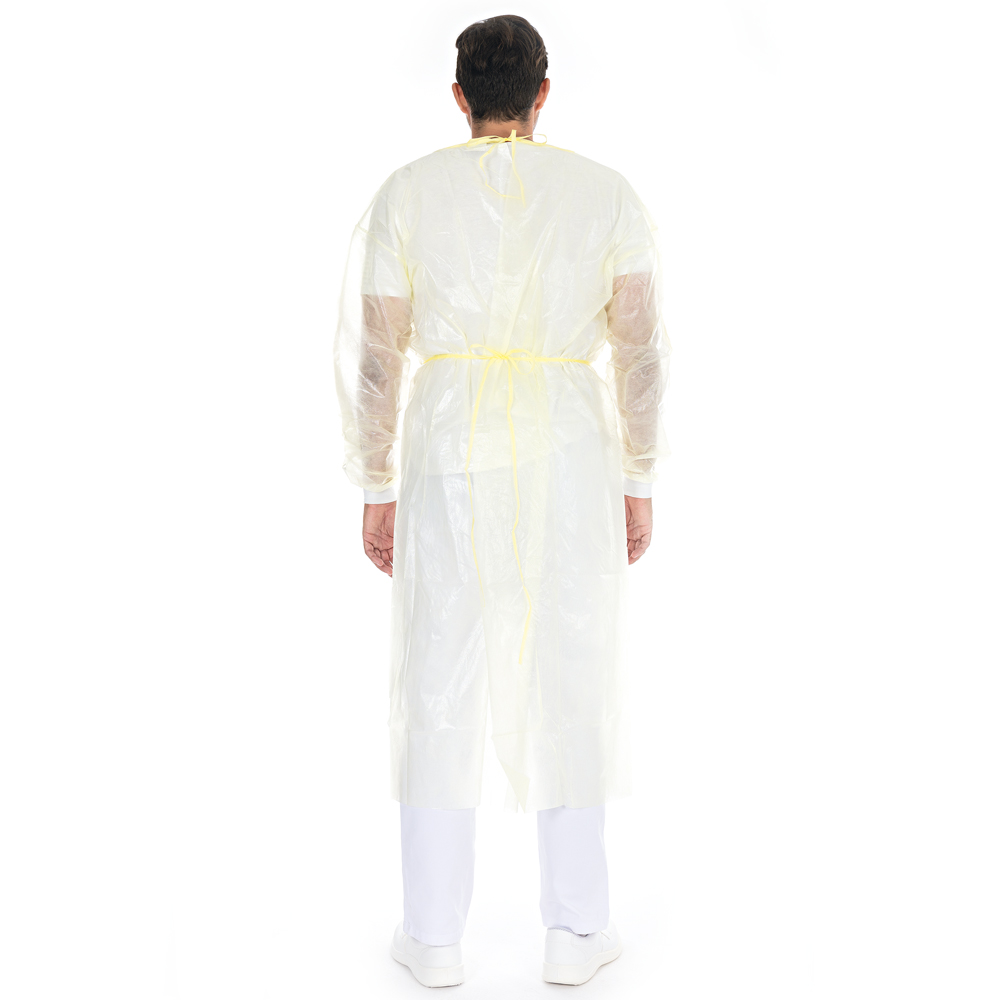 Kittel mit Nackenbindeband aus PP, PE voll-laminiert in gelb 140 cm lang in der Rückansicht